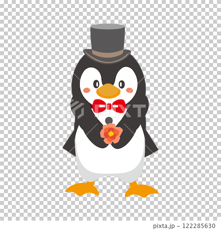 Vector illustration of a penguin wearing a tailcoat giving flowers 122285630