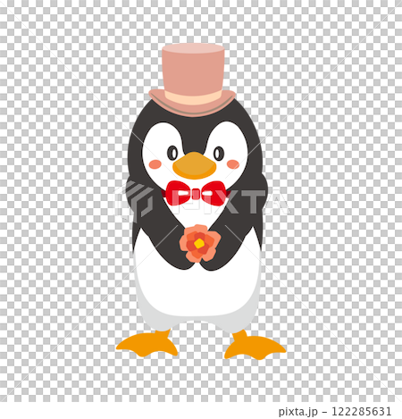 Illustration of a penguin wearing a pink top hat giving a flower as a gift 122285631