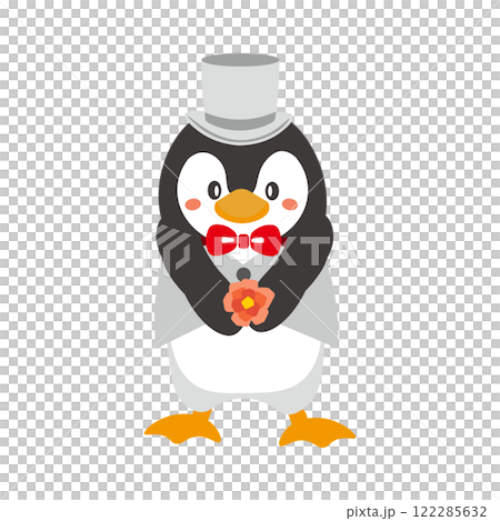Illustration of a penguin groom giving flowers at a wedding 122285632