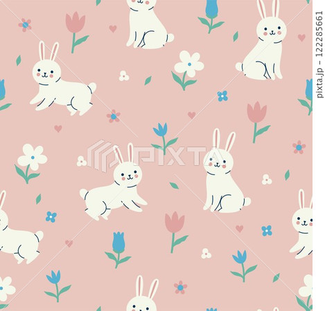 Simple seamless pattern with cute rabbits and flowers in pastel colors. Vector graphics. Simple seamless pattern with cute rabbits and flowers in pastel colors. Vector graphics. 122285661