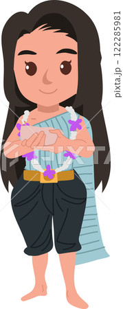 songkran festival illustration of a woman in traditional thai dress holding a water bowl and floral garland 122285981