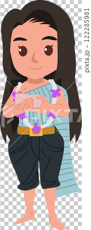 songkran festival illustration of a woman in traditional thai dress holding a water bowl and floral garland 122285981