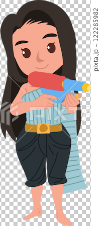 cartoon thai woman in traditional thai dress with water gun celebrating songkran festival 122285982