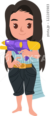 cartoon thai woman in traditional thai dress with water gun celebrating songkran festival 122285983