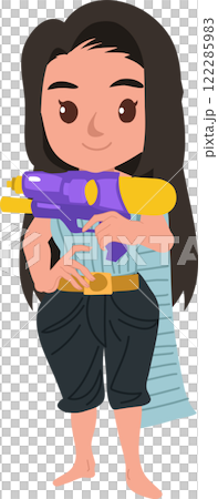 cartoon thai woman in traditional thai dress with water gun celebrating songkran festival 122285983