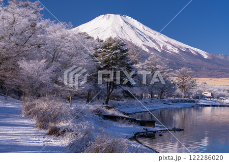 《山梨県》冬の富士山・雪景色の山中湖湖畔 《山梨県》冬の富士山・雪景色の山中湖湖畔 122286020