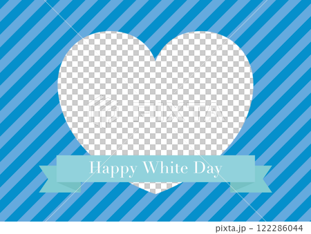 白色日框架，條紋背景/藍色上帶有絲帶和心形透明框架 122286044
