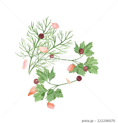 Pink pepper and Himalayan salt with dill and parsley watercolor composition isolated on white. Hand drawn clip art perfect for spice box, menu, packaging, cards, food ads, labels decor and design 122286070