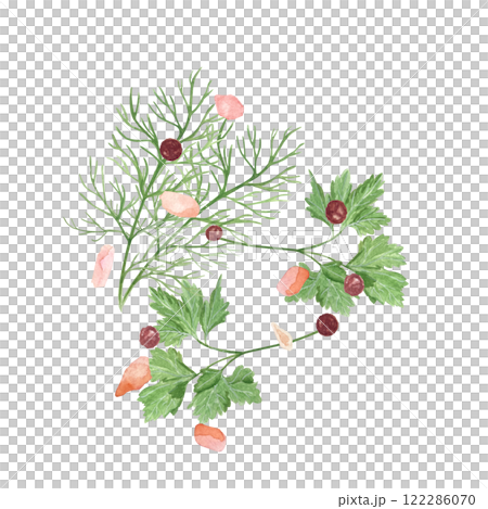 Pink pepper and Himalayan salt with dill and parsley watercolor composition isolated on white. Hand drawn clip art perfect for spice box, menu, packaging, cards, food ads, labels decor and design 122286070