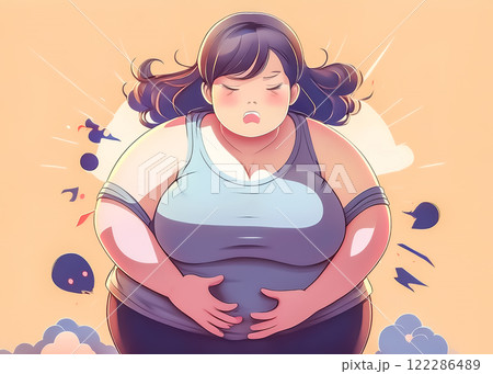 お腹を押さえる肥満体形の女性のイメージ素材 122286489