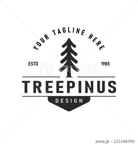 Pine tree silhouette similar to spruce. Wood forest logo design, vintage retro classic illustration label badge 122286769