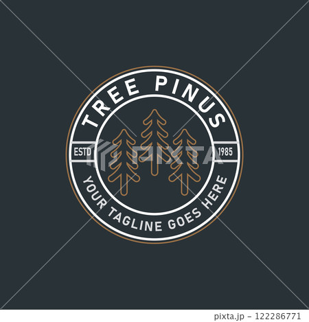 Three Pine Trees Silhouette Similar to Spruce. Wood Forest Logo Design Classic Illustration Label Badge Retro Vintage Emblem with dark background Three Pine Trees Silhouette Similar to Spruce. Wood Forest Logo Design Classic Illustration Label Badge Retro Vintage Emblem with dark background 122286771
