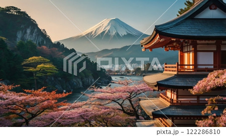 五重塔と桜と富士山と都市と川 122286810