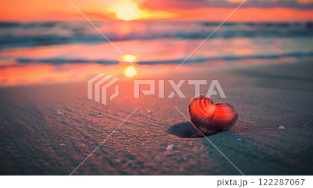 heart shaped seashell rests on sandy beach at sunset, creating romantic atmosphere 122287067
