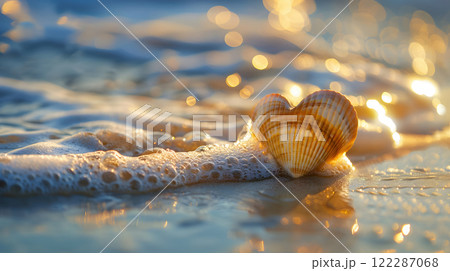 heart shaped shell rests on sandy beach, surrounded by gentle waves and sparkling sunlight 122287068