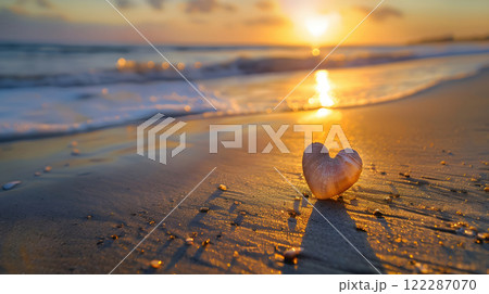 delicate heart shaped seashell rests on golden beach at sunset, evoking tranquility and beauty 122287070