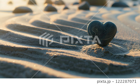 heart shaped stone on sandy beach with gentle waves and pebbles 122287071