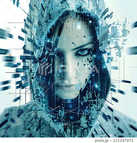 female hacker with digital interface, wearing hood, surrounded by data 122287072
