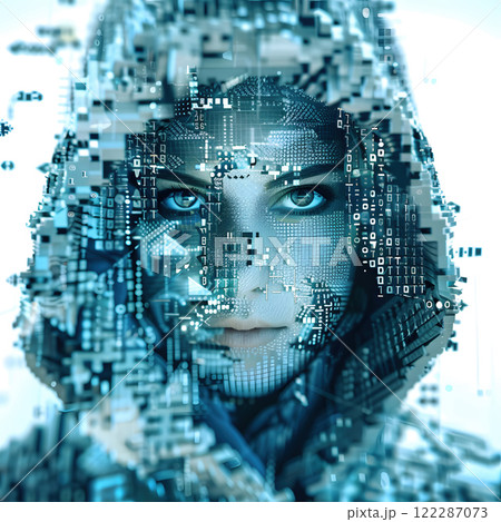 Female hacker with digital elements, showcasing technology and mystery. Intriguing and futuristic visual representation 122287073