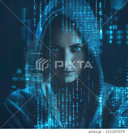 mysterious female hacker with hood, surrounded by digital code and binary data, exuding sense of intrigue and intelligence 122287074