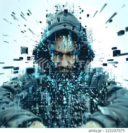 mysterious hacker surrounded by digital fragments and data streams 122287075