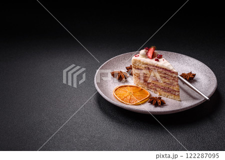Piece of sweet layer cake with white cream, raspberries and strawberries Piece of sweet layer cake with white cream, raspberries and strawberries 122287095