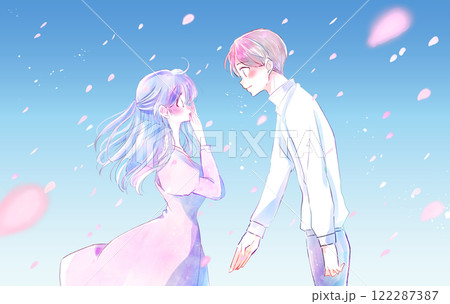 告白する男性と驚く女性　和やか　風　花吹雪 122287387