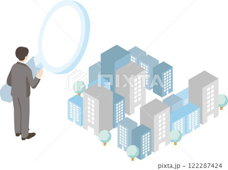 ビジネス　アイソメトリック　人物　男性　虫眼鏡　ビジネスパーソン　イラスト素材 122287424