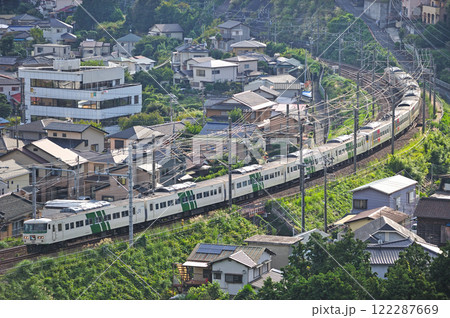 東海道本線 湯河原-真鶴 JR東日本 185系 C1編成(大宮) 踊り子 ストライプ色 東海道本線 湯河原-真鶴 JR東日本 185系 C1編成(大宮) 踊り子 ストライプ色 122287669