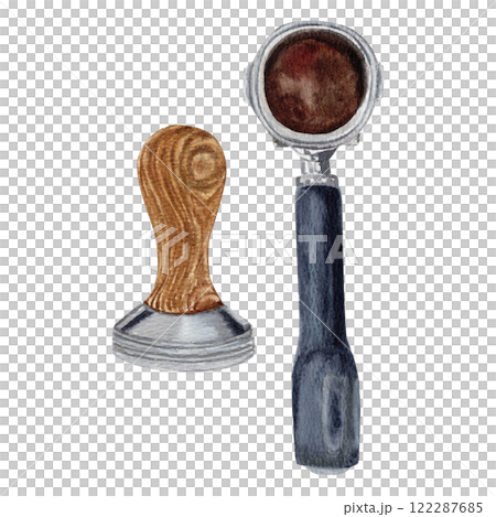 Watercolor set of a holder for a horn coffee maker and a coffee tamper with a wooden handle on white background 122287685