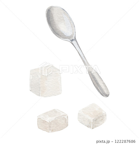 Watercolor set of a tea or coffee steel spoon and three cubes of white refined sugar on white background Watercolor set of a tea or coffee steel spoon and three cubes of white refined sugar on white background 122287686