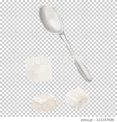 Watercolor set of a tea or coffee steel spoon and three cubes of white refined sugar on white background Watercolor set of a tea or coffee steel spoon and three cubes of white refined sugar on white background 122287686