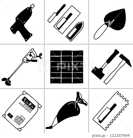 タイル施工で使用するいろいろな工具のイラストセット 122287994