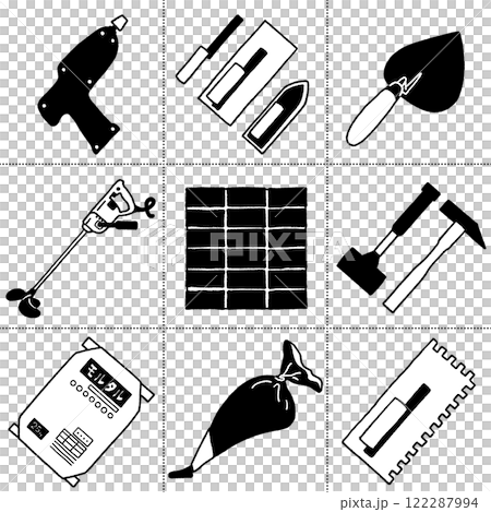 タイル施工で使用するいろいろな工具のイラストセット 122287994