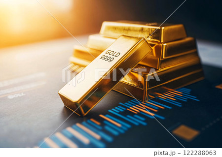 Gold bars rest on a dark table surrounded by scattered financial charts, symbolizing 122288063