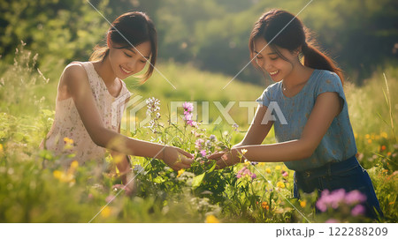 お花を摘む2人の若い女性 122288209