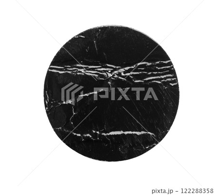 Black old scratched round paper sticker isolated on white background Black old scratched round paper sticker isolated on white background 122288358