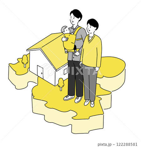 大分県の地図と若い家族・家のイラスト、ベクター 122288581