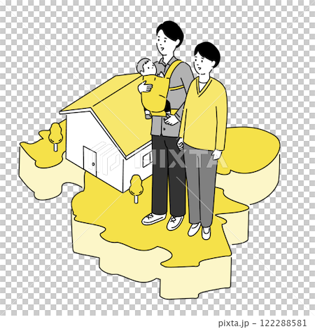 大分県の地図と若い家族・家のイラスト、ベクター 122288581