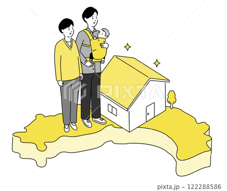 高知県の地図と若い家族・家のイラスト、ベクター 122288586