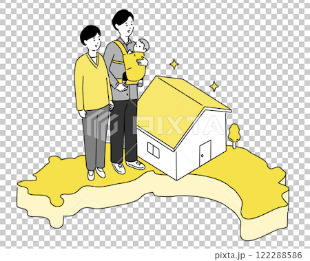 高知県の地図と若い家族・家のイラスト、ベクター 122288586