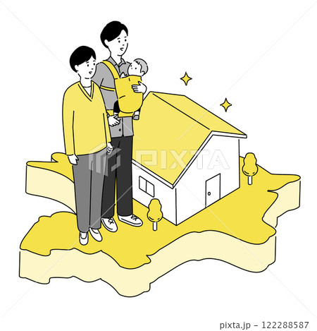 福岡県の地図と若い家族・家のイラスト、ベクター 122288587