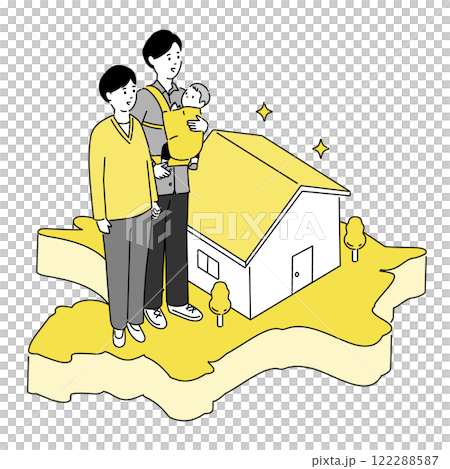 福岡県の地図と若い家族・家のイラスト、ベクター 122288587