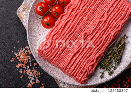 Raw ground beef or pork with salt, spices, herbs and tomatoes Raw ground beef or pork with salt, spices, herbs and tomatoes 122288897
