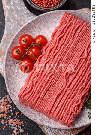 Raw ground beef or pork with salt, spices, herbs and tomatoes Raw ground beef or pork with salt, spices, herbs and tomatoes 122288898
