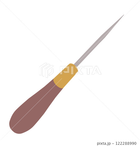 Sewing short awl with wooden handgrip icon. Bradawl sign. Leather sewing awl symbol. Leather craft tool. flat style. Sewing short awl with wooden handgrip icon. Bradawl sign. Leather sewing awl symbol. Leather craft tool. flat style. 122288990