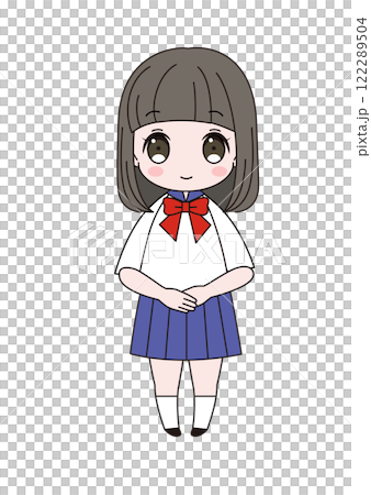 身穿水手服的女學生微笑著面向前方站立的全身插圖 122289504