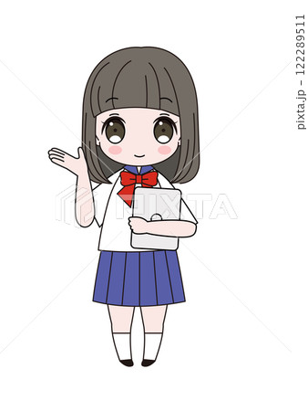 胸元にパソコンを抱え、右手でどうぞと案内のポーズをしているセーラー服姿の女子生徒の全身イラスト 122289511