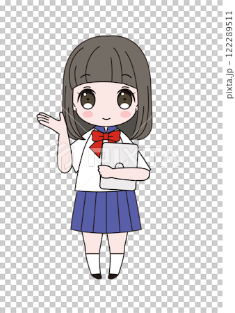 胸元にパソコンを抱え、右手でどうぞと案内のポーズをしているセーラー服姿の女子生徒の全身イラスト 122289511
