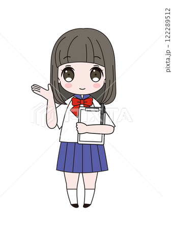 メモボードを持ってどうぞと案内のポーズをしているセーラー服姿の女子生徒の全身イラスト 122289512